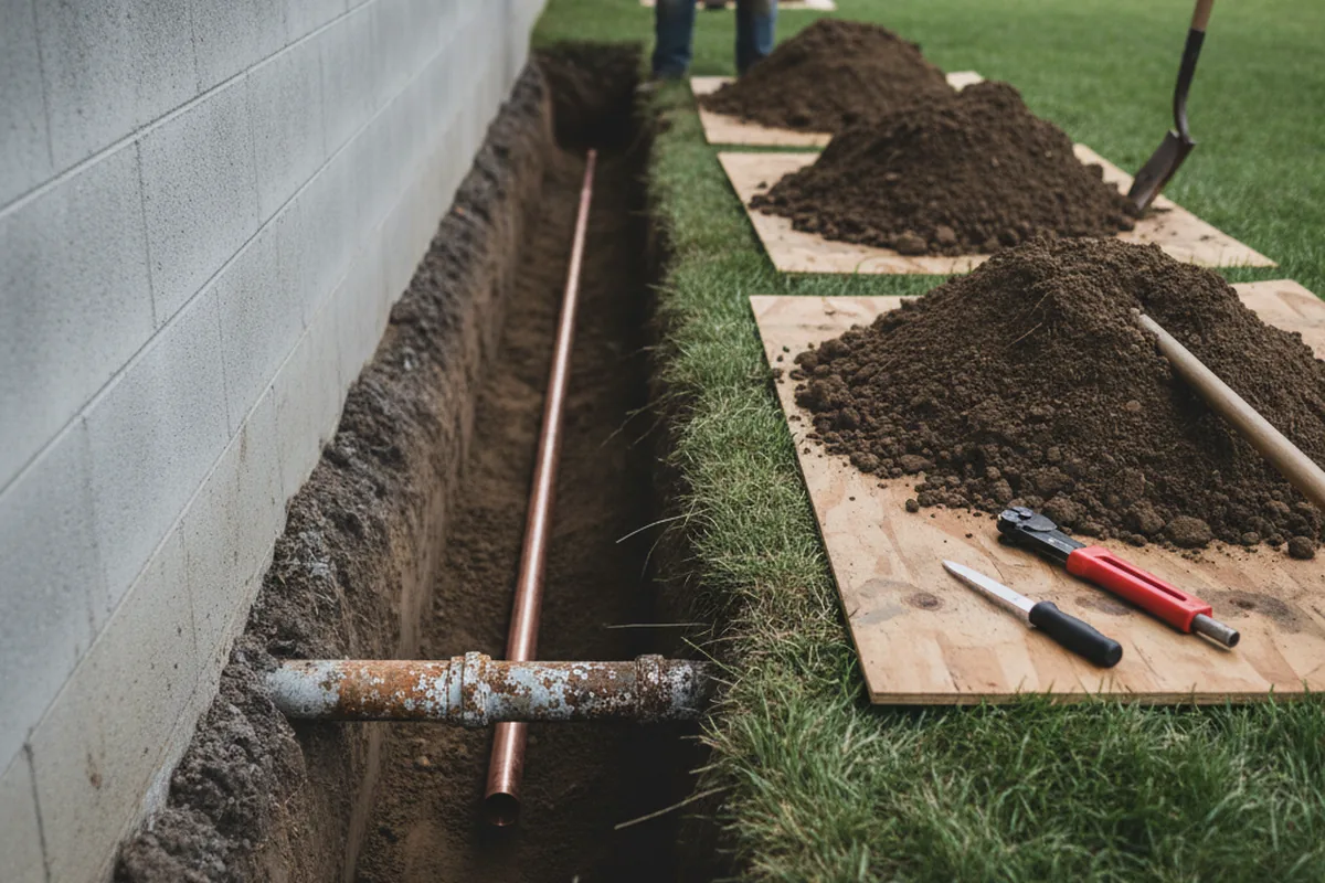 Excavated water line trench during Water Heater Repair in Poolesville